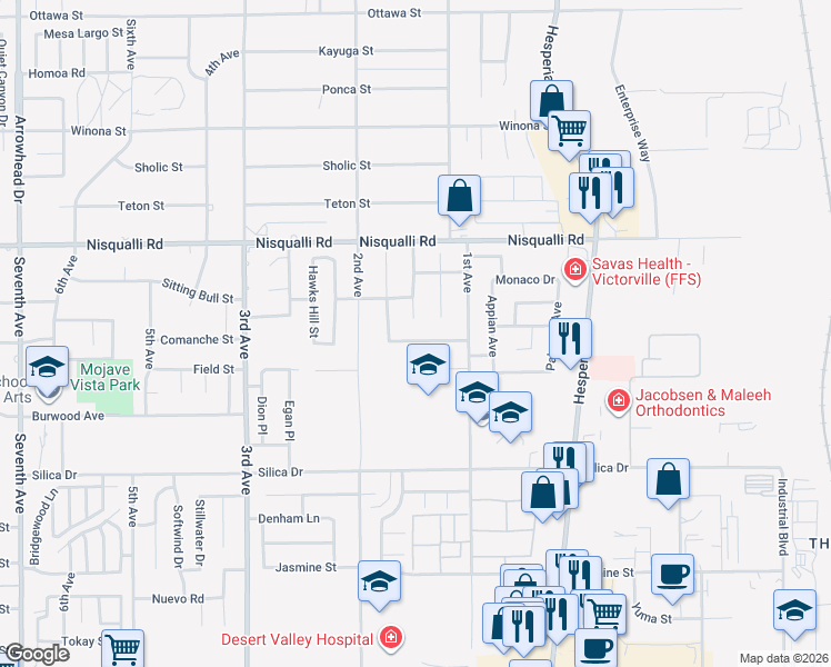 map of restaurants, bars, coffee shops, grocery stores, and more near 16797 Hidden Creek Drive in Victorville