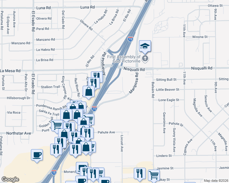 map of restaurants, bars, coffee shops, grocery stores, and more near 12751 Mariposa Road in Victorville