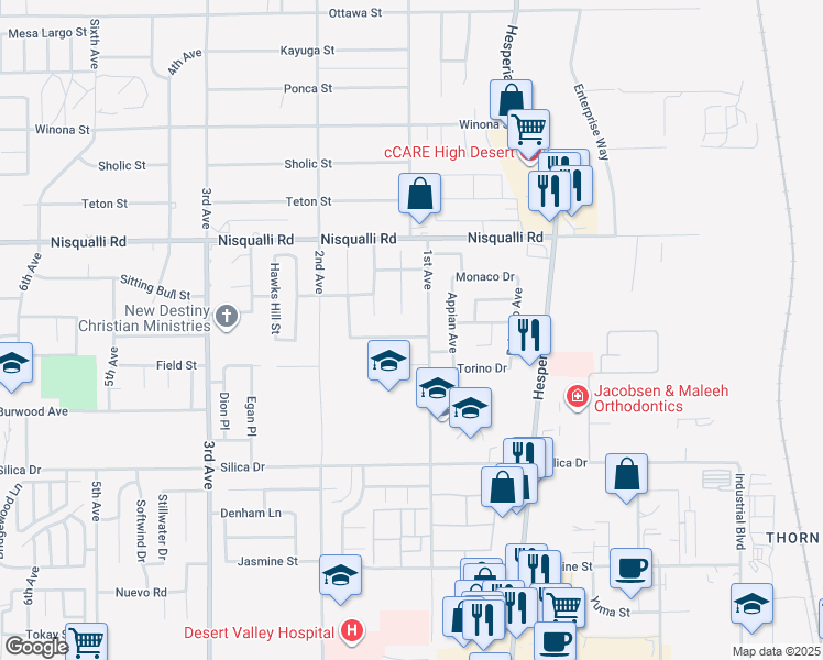 map of restaurants, bars, coffee shops, grocery stores, and more near 16850 Hidden Creek Drive in Victorville