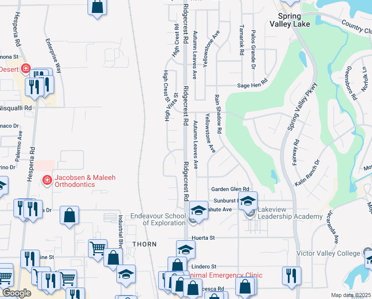 map of restaurants, bars, coffee shops, grocery stores, and more near 12747 Ridgecrest Road in Victorville