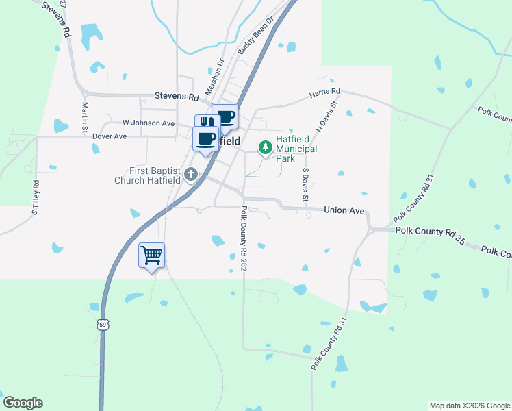 map of restaurants, bars, coffee shops, grocery stores, and more near 105 Polk County Road 282 in Hatfield