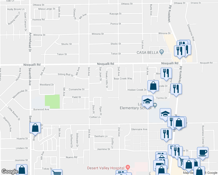 map of restaurants, bars, coffee shops, grocery stores, and more near 12739 Hawks Hill Street in Victorville