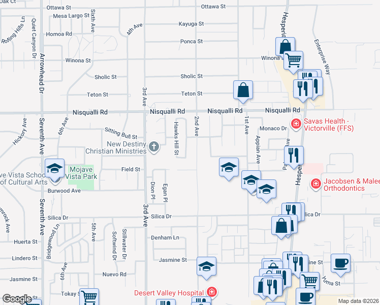 map of restaurants, bars, coffee shops, grocery stores, and more near 12735 Indian Summer Street in Victorville