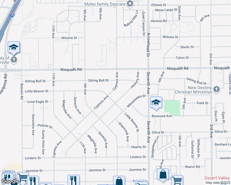 map of restaurants, bars, coffee shops, grocery stores, and more near 12763 Cypress Avenue in Victorville