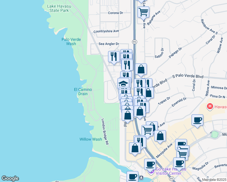 map of restaurants, bars, coffee shops, grocery stores, and more near 375 London Bridge Road in Lake Havasu City