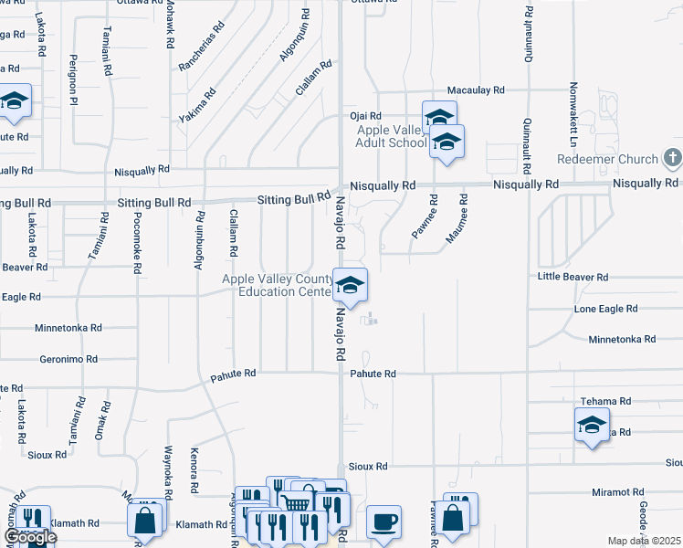 map of restaurants, bars, coffee shops, grocery stores, and more near Navajo Road in Apple Valley