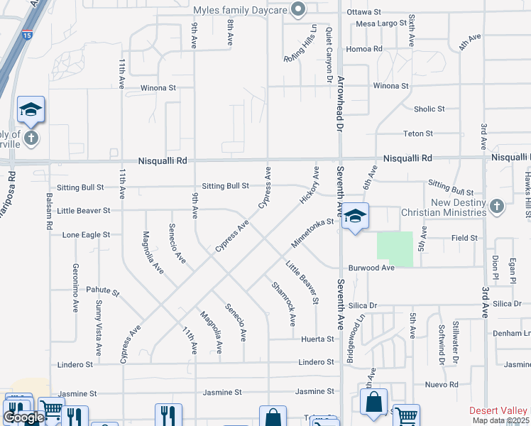 map of restaurants, bars, coffee shops, grocery stores, and more near 12763 Cypress Avenue in Victorville