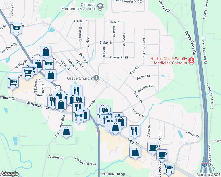 map of restaurants, bars, coffee shops, grocery stores, and more near 511 Peters Street in Calhoun