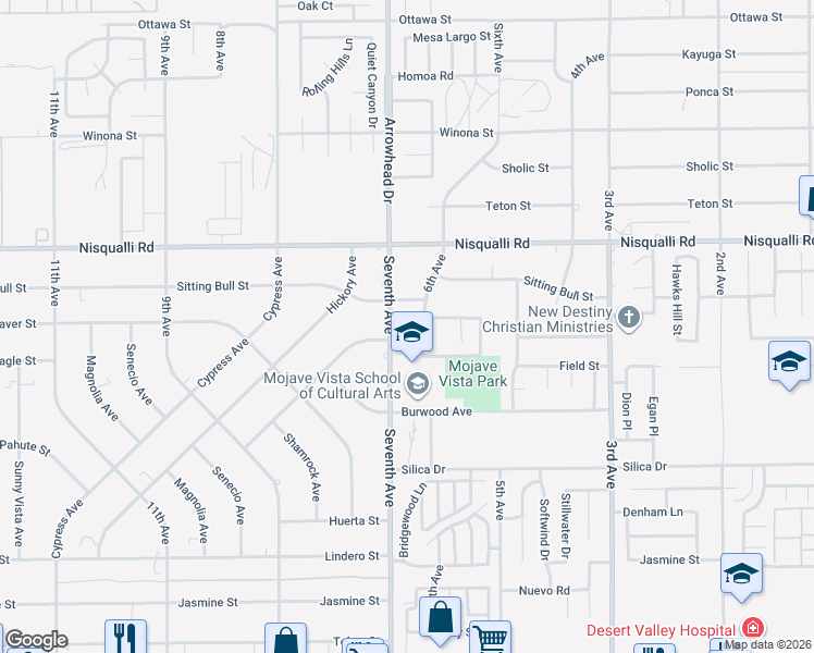 map of restaurants, bars, coffee shops, grocery stores, and more near 16136 Minnetonka Street in Victorville