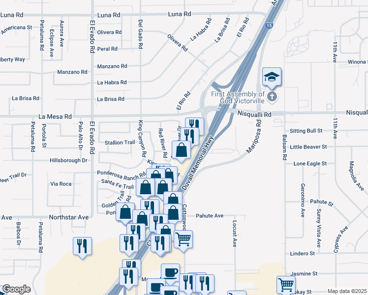 map of restaurants, bars, coffee shops, grocery stores, and more near 12741 Snake River Drive in Victorville