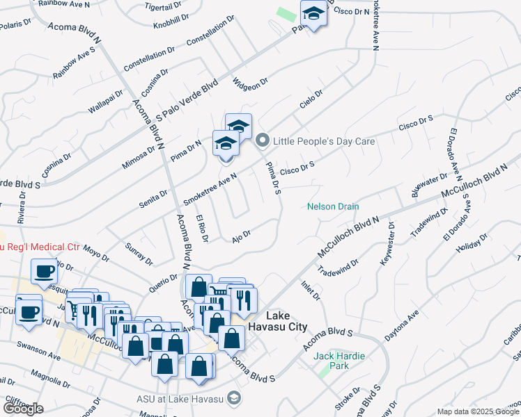 map of restaurants, bars, coffee shops, grocery stores, and more near 2411 Pima Drive South in Lake Havasu City