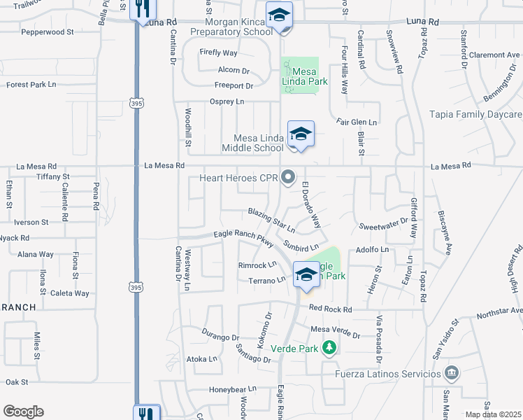 map of restaurants, bars, coffee shops, grocery stores, and more near 12760 Bootridge Lane in Victorville