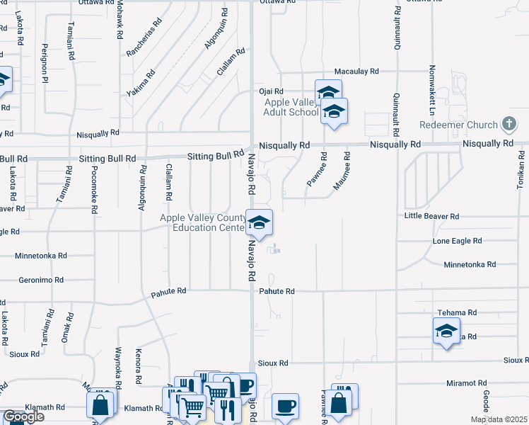 map of restaurants, bars, coffee shops, grocery stores, and more near 12715 Navajo Road in Apple Valley