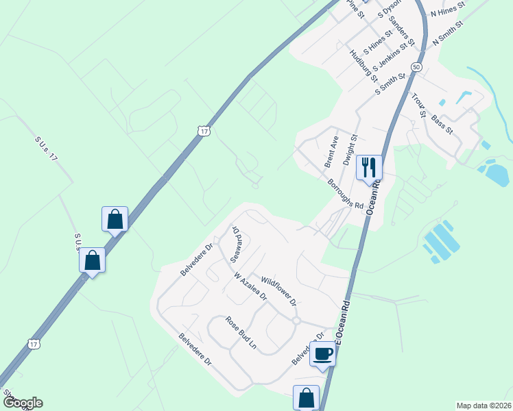 map of restaurants, bars, coffee shops, grocery stores, and more near 429 Belvedere Drive in Holly Ridge