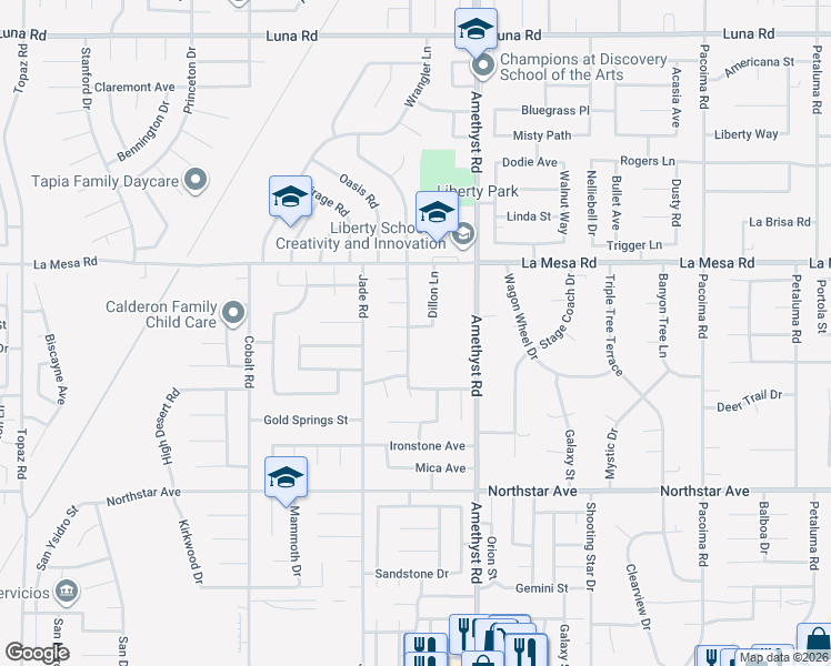 map of restaurants, bars, coffee shops, grocery stores, and more near 12775 Sundown Road in Victorville