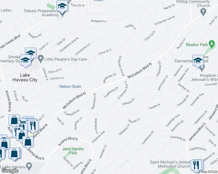 map of restaurants, bars, coffee shops, grocery stores, and more near 2667 Tradewind Drive in Lake Havasu City