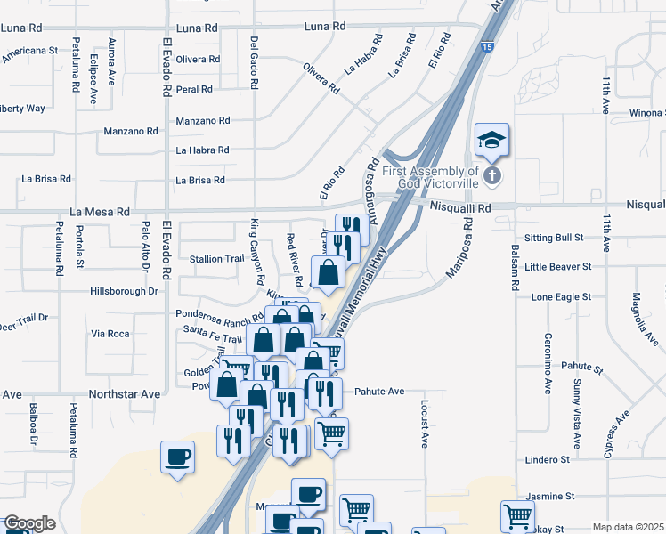 map of restaurants, bars, coffee shops, grocery stores, and more near 12741 Snake River Drive in Victorville