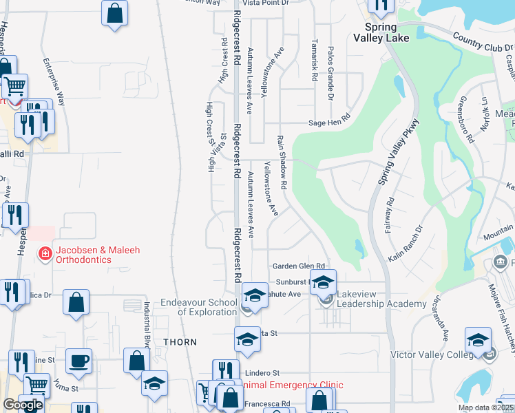 map of restaurants, bars, coffee shops, grocery stores, and more near 12745 Autumn Leaves Avenue in Spring Valley Lake