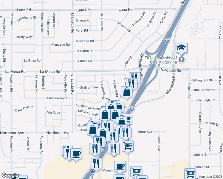 map of restaurants, bars, coffee shops, grocery stores, and more near 12813 Red River Road in Victorville