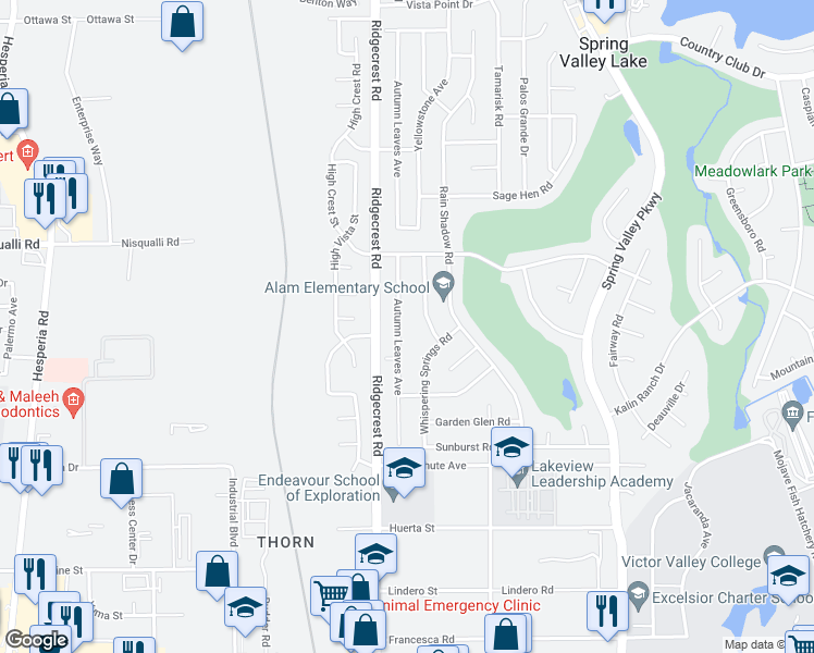 map of restaurants, bars, coffee shops, grocery stores, and more near 12745 Autumn Leaves Avenue in Spring Valley Lake