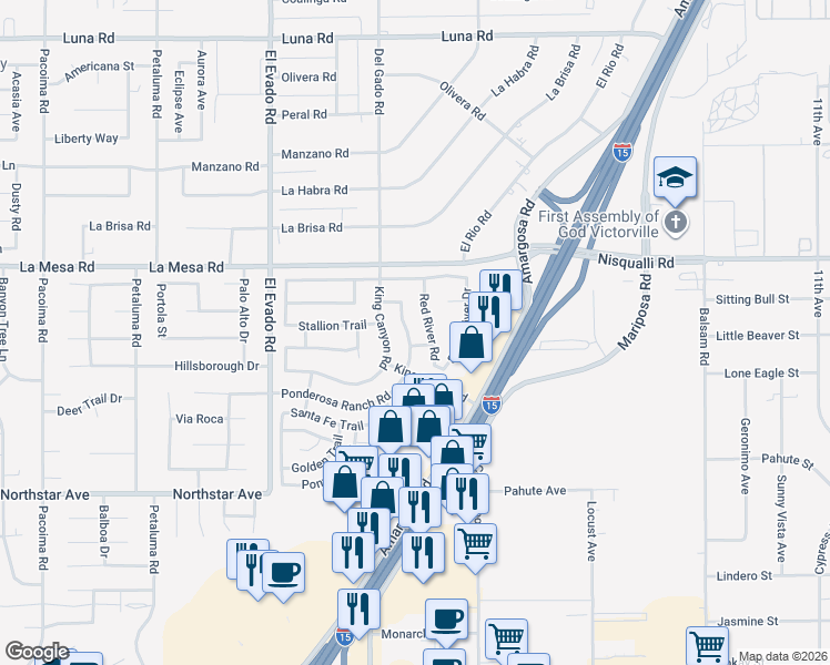 map of restaurants, bars, coffee shops, grocery stores, and more near 12813 Red River Road in Victorville
