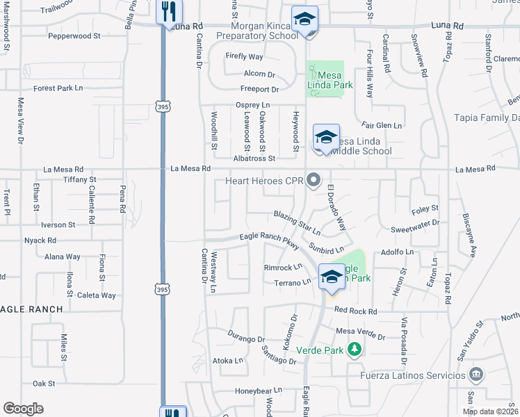 map of restaurants, bars, coffee shops, grocery stores, and more near 12827 Pueblo Lane in Victorville