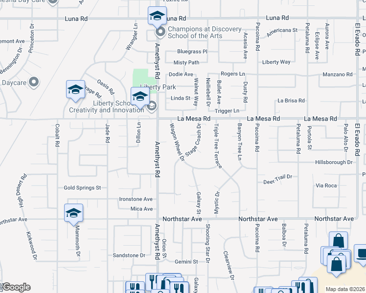 map of restaurants, bars, coffee shops, grocery stores, and more near 13841 Stage Coach Lane in Victorville