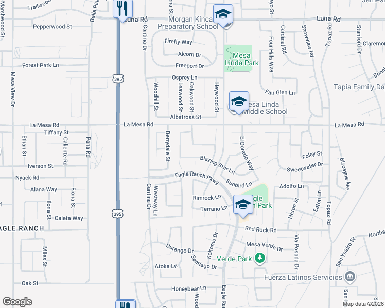 map of restaurants, bars, coffee shops, grocery stores, and more near 12827 Pueblo Lane in Victorville