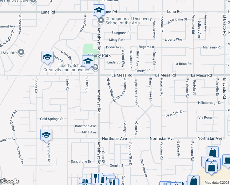 map of restaurants, bars, coffee shops, grocery stores, and more near 13841 Stage Coach Lane in Victorville