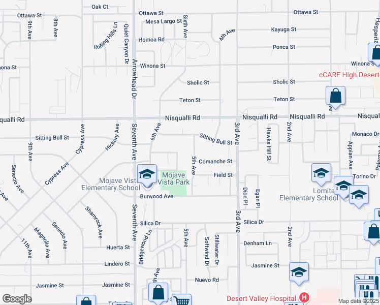 map of restaurants, bars, coffee shops, grocery stores, and more near 12770 5th Avenue in Victorville