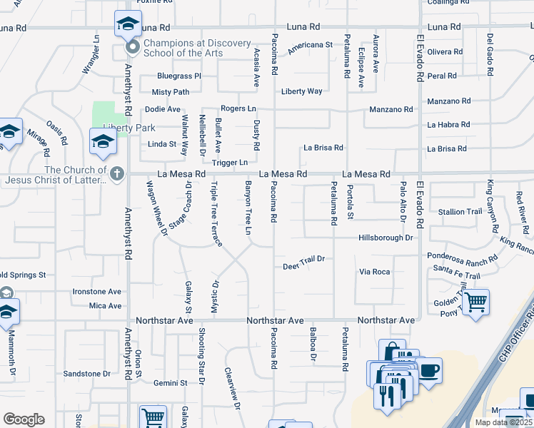 map of restaurants, bars, coffee shops, grocery stores, and more near 12825 Pacoima Road in Victorville