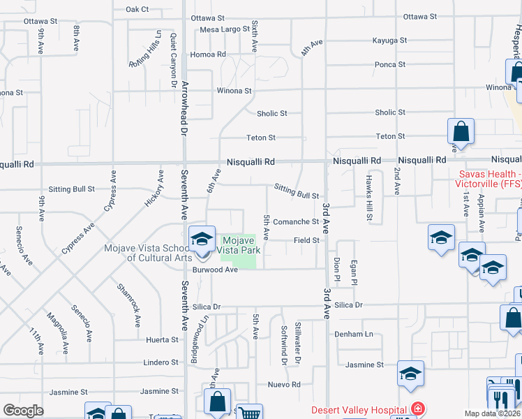map of restaurants, bars, coffee shops, grocery stores, and more near 12770 5th Avenue in Victorville