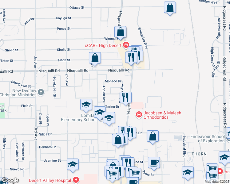 map of restaurants, bars, coffee shops, grocery stores, and more near 17017 Tivolli Lane in Victorville