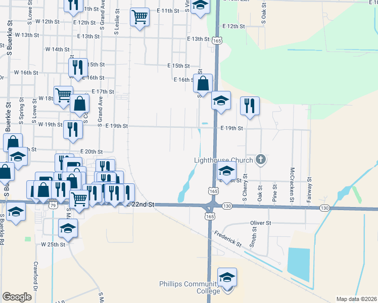map of restaurants, bars, coffee shops, grocery stores, and more near 1916 South Vine Street in Stuttgart