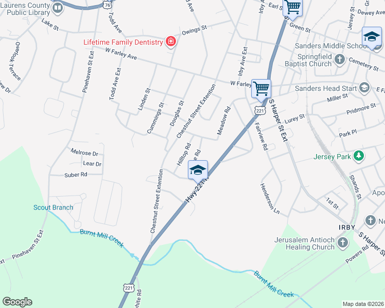 map of restaurants, bars, coffee shops, grocery stores, and more near 104 Hilltop Road in Laurens