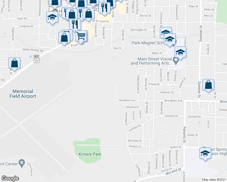 map of restaurants, bars, coffee shops, grocery stores, and more near 50 Woodlawn Avenue in Hot Springs