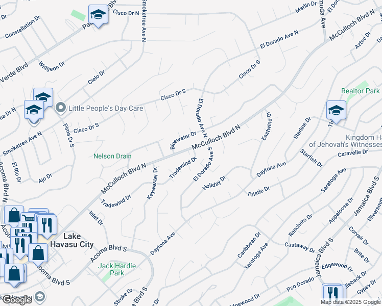 map of restaurants, bars, coffee shops, grocery stores, and more near 2725 McCulloch Boulevard North in Lake Havasu City