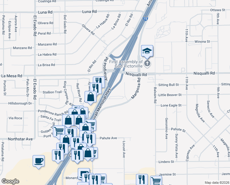 map of restaurants, bars, coffee shops, grocery stores, and more near 12775 Mariposa Road in Victorville