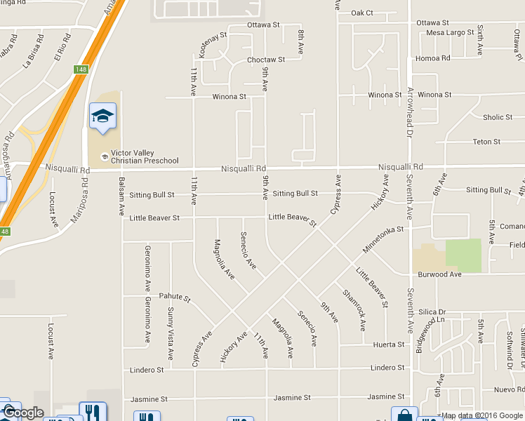 map of restaurants, bars, coffee shops, grocery stores, and more near 12811 9th Avenue in Victorville