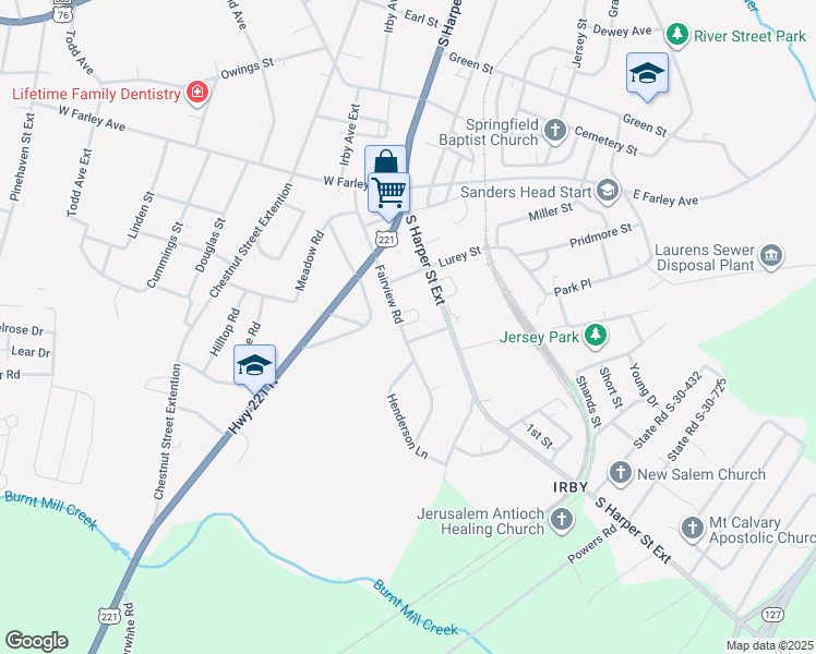 map of restaurants, bars, coffee shops, grocery stores, and more near 401 Fairview Road in Laurens