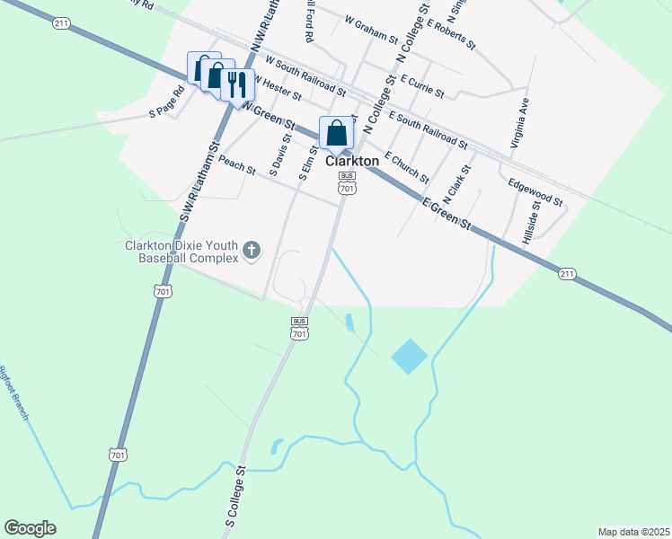 map of restaurants, bars, coffee shops, grocery stores, and more near 10759 South College Street in Clarkton