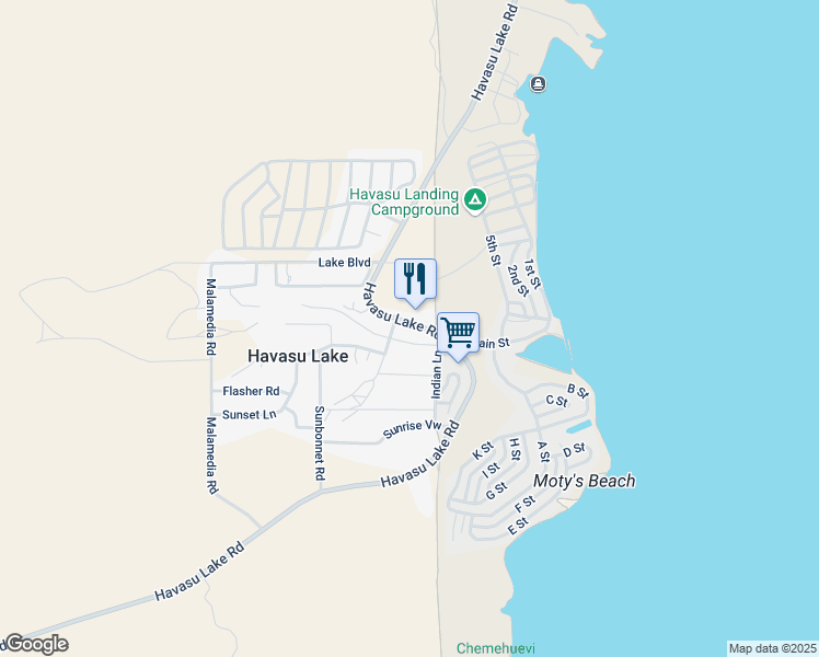 map of restaurants, bars, coffee shops, grocery stores, and more near 2 Havasu Lake Road in Needles