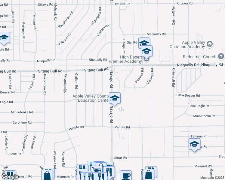 map of restaurants, bars, coffee shops, grocery stores, and more near 12715 Navajo Place in Apple Valley