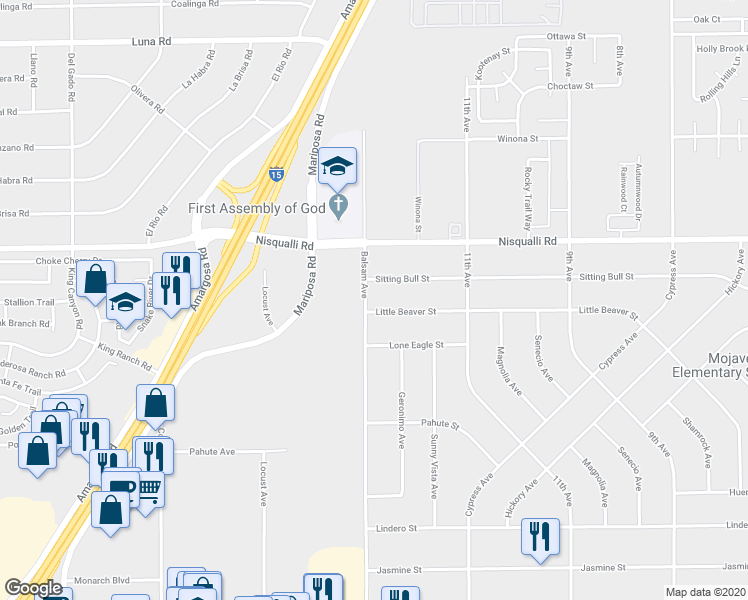 map of restaurants, bars, coffee shops, grocery stores, and more near 15316 Little Beaver Street in Victorville
