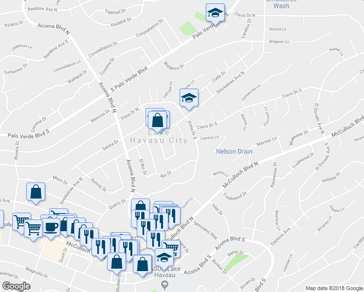 map of restaurants, bars, coffee shops, grocery stores, and more near 181 Olive Lane in Lake Havasu City