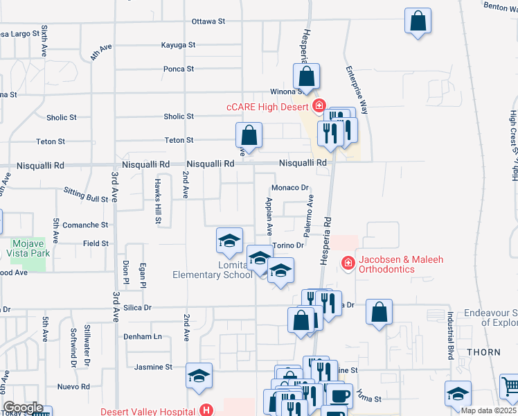 map of restaurants, bars, coffee shops, grocery stores, and more near 12775 1st Avenue in Victorville