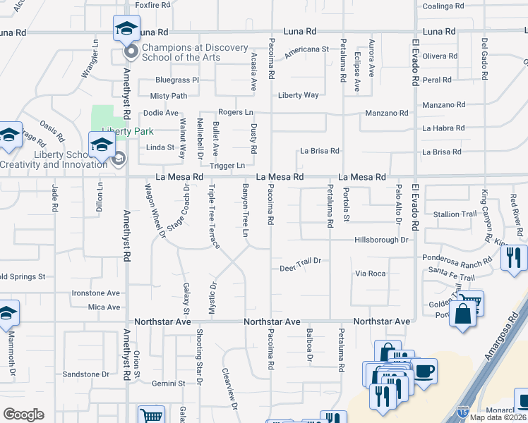 map of restaurants, bars, coffee shops, grocery stores, and more near 12825 Pacoima Road in Victorville