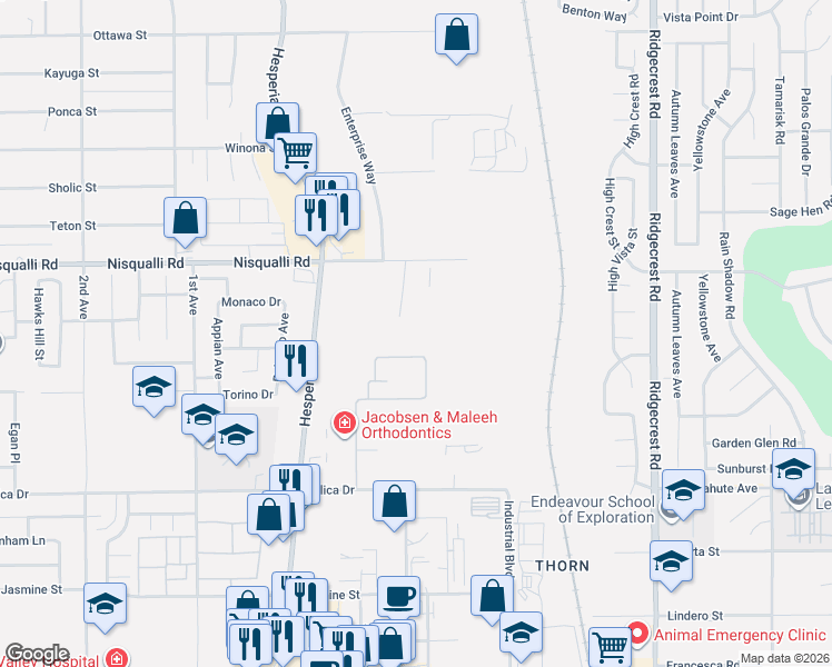 map of restaurants, bars, coffee shops, grocery stores, and more near 12841 Production Place in Victorville