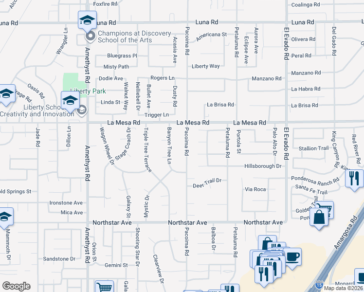 map of restaurants, bars, coffee shops, grocery stores, and more near 12825 Pacoima Road in Victorville