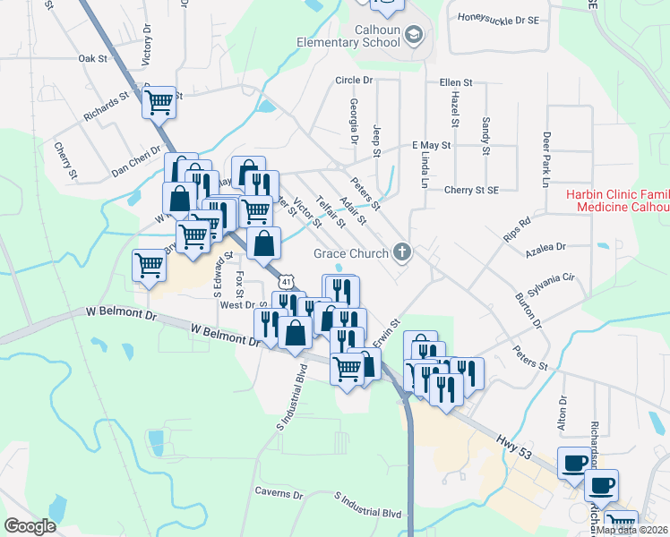 map of restaurants, bars, coffee shops, grocery stores, and more near 200 South Line Street in Calhoun